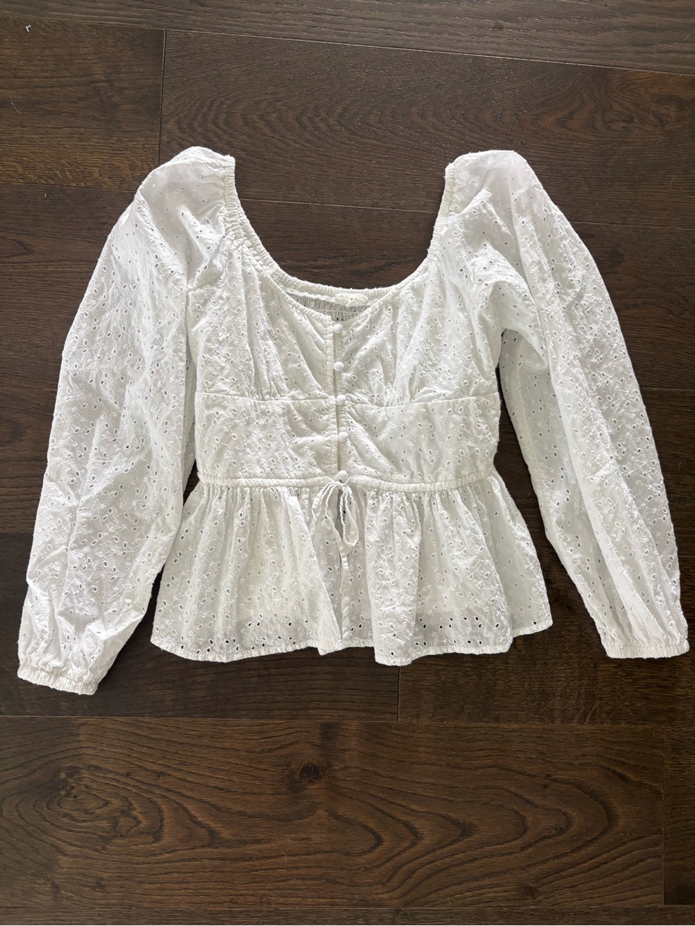 Aerie White Eyelet Peplum Button-Front Blouse - Picture 3 of 7